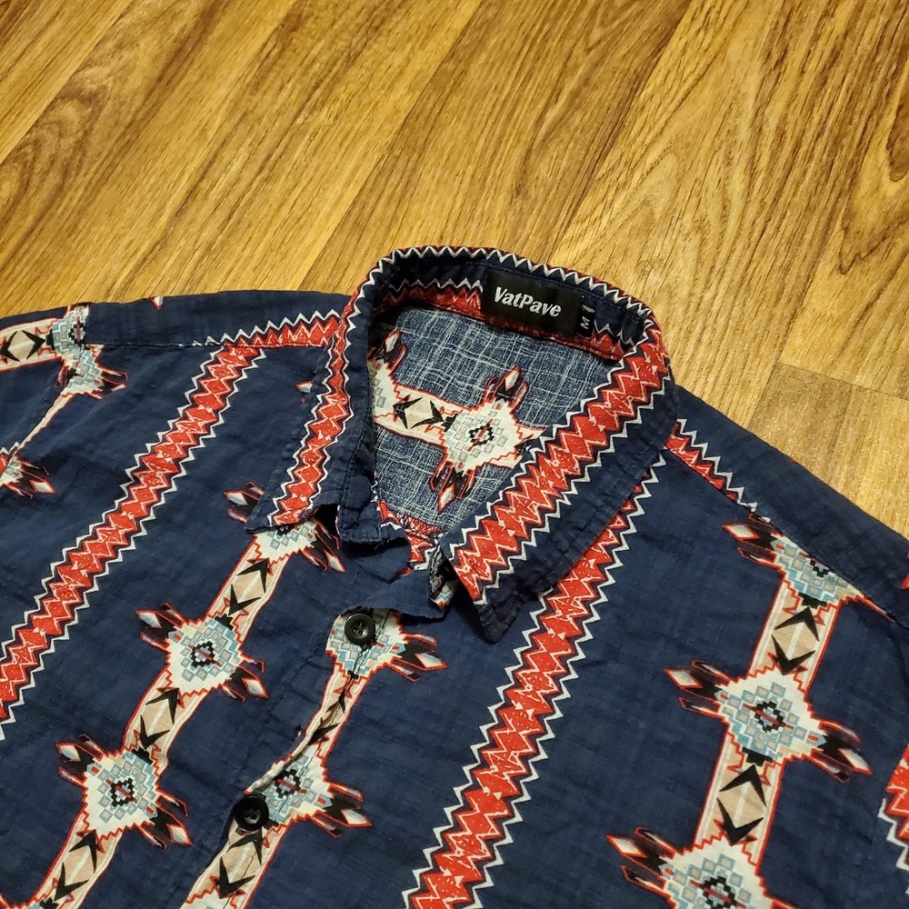 VatPave Aztec Shirt Adult Medium Blue Southwest Button‎ Down Cowboy Rodeo